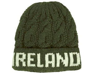 IRELAND TEXT KNITTED CAPS/HATS Cara Craft MOSS GREEN 