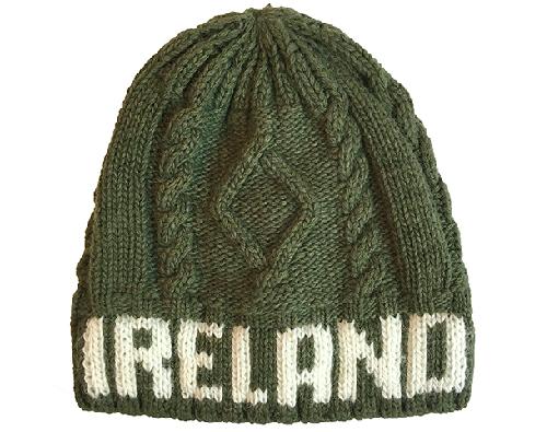 IRELAND TEXT KNITTED CAPS/HATS Cara Craft MOSS GREEN 