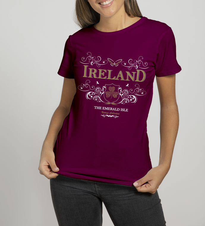 IRELAND ORNATE BUTTERFLY Ladies T-Shirts Cara Craft S BURGUNDY 